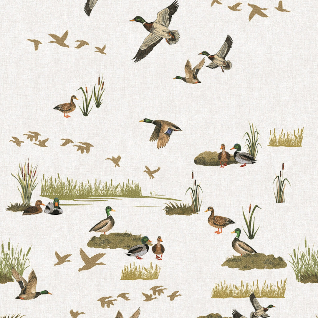 Gråender i Mosen – voksduk med naturmotiv i jaktstil