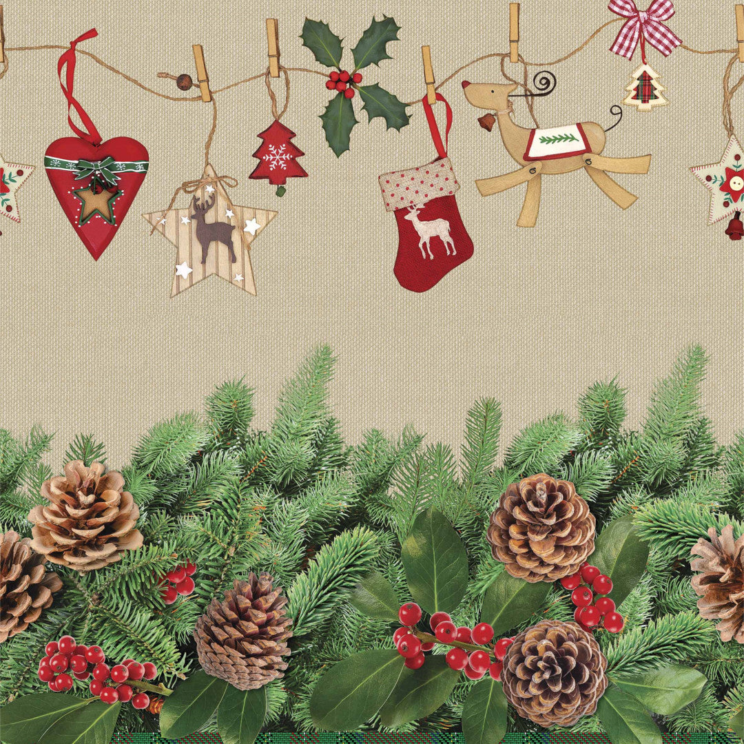 Gran og kongler – lys julevoksduk med flott stofflook