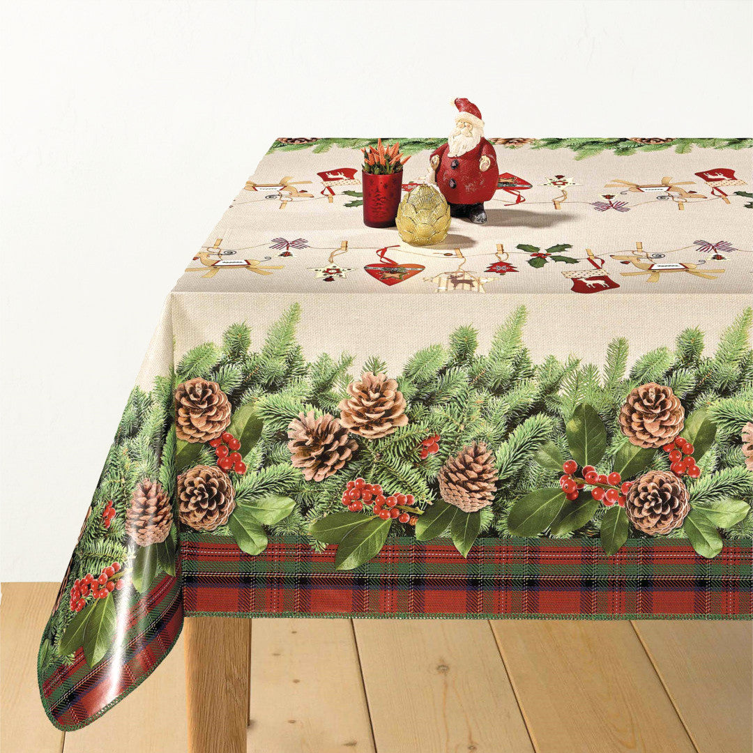 Gran og kongler – lys julevoksduk med flott stofflook