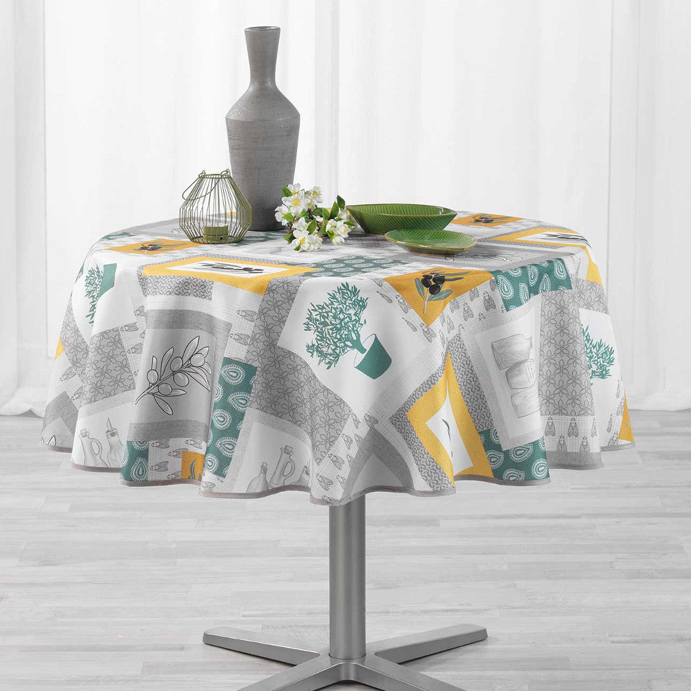 Graziella Yellow/Green, Ø 180 cm, rund bordduk med flekkavvisende behandling