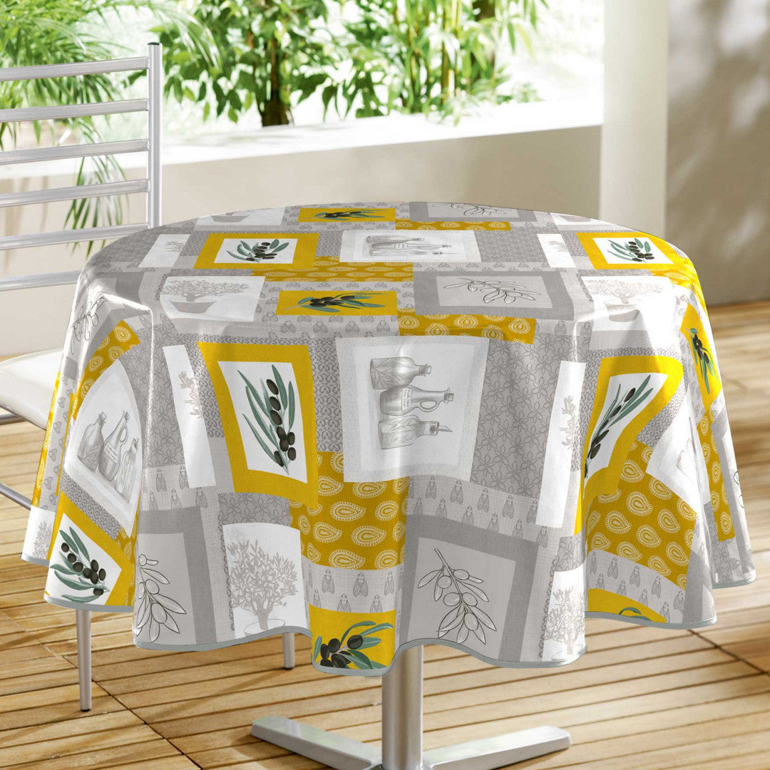 Graziella Yellow – Rund voksduk med blader, Ø 155 cm