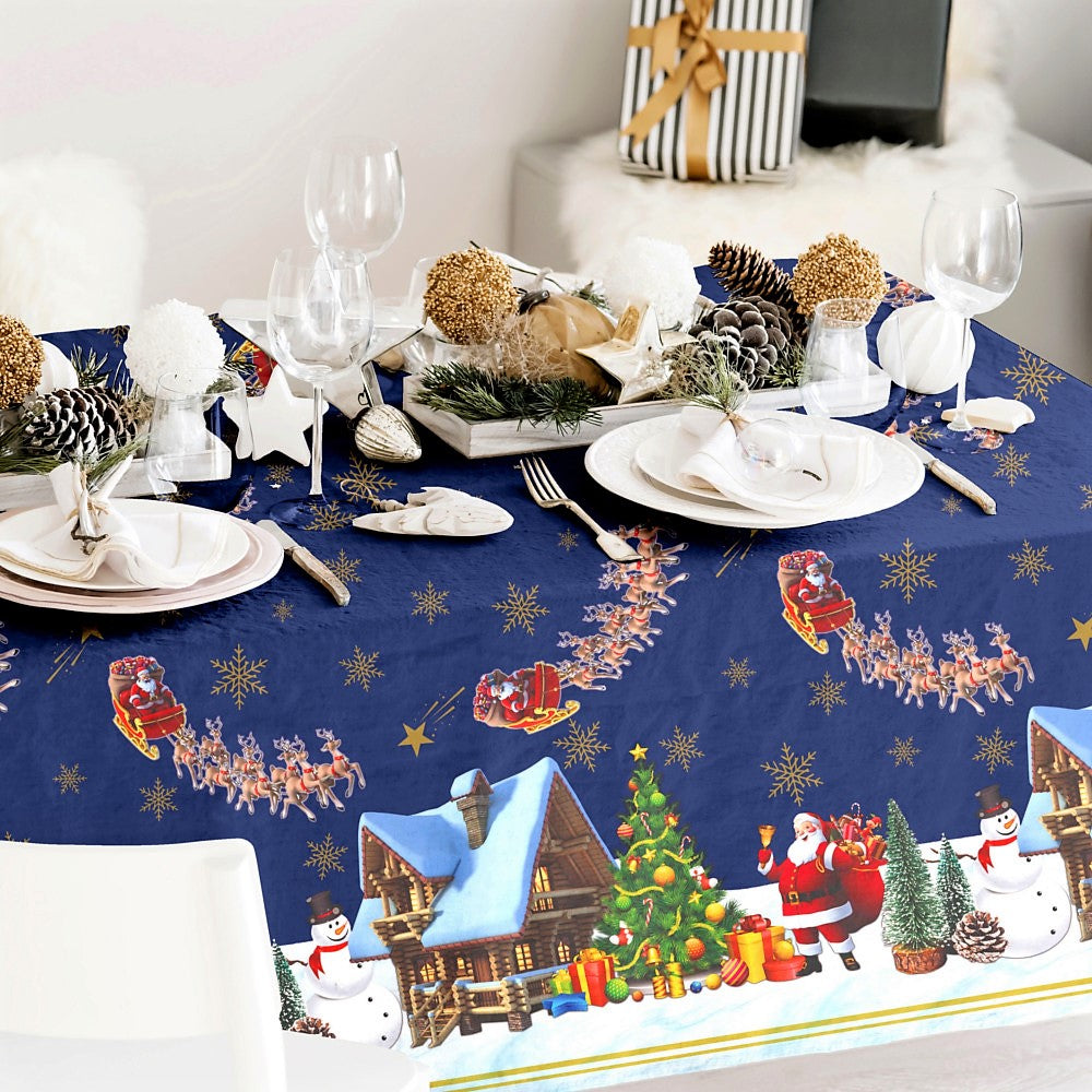 Grignols Blå – Festlig julevoksduk med julenisser og snømenn