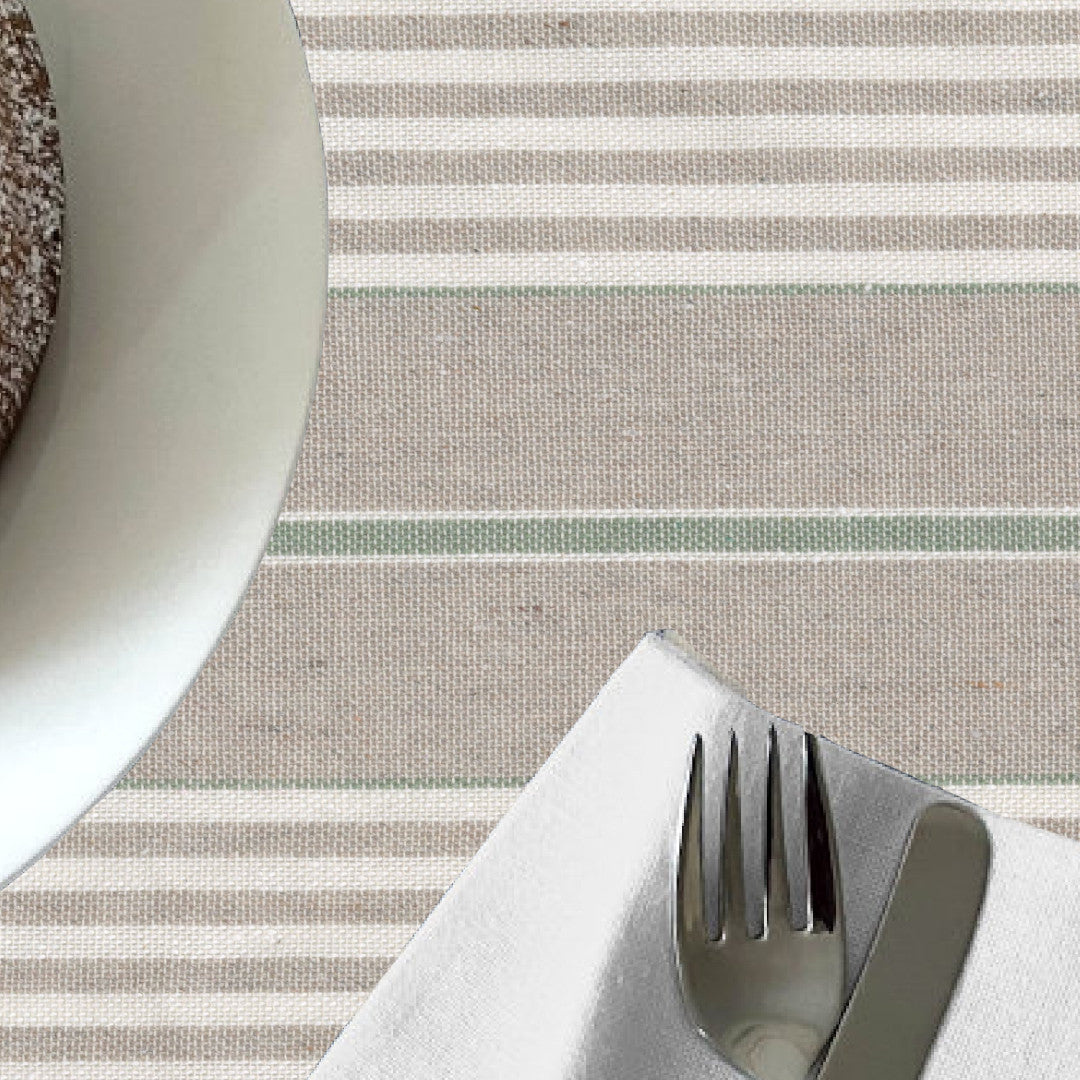 Grønn Nordisk Olmer Stripe – Akrylduk i rustikk hørlook, nærbilde