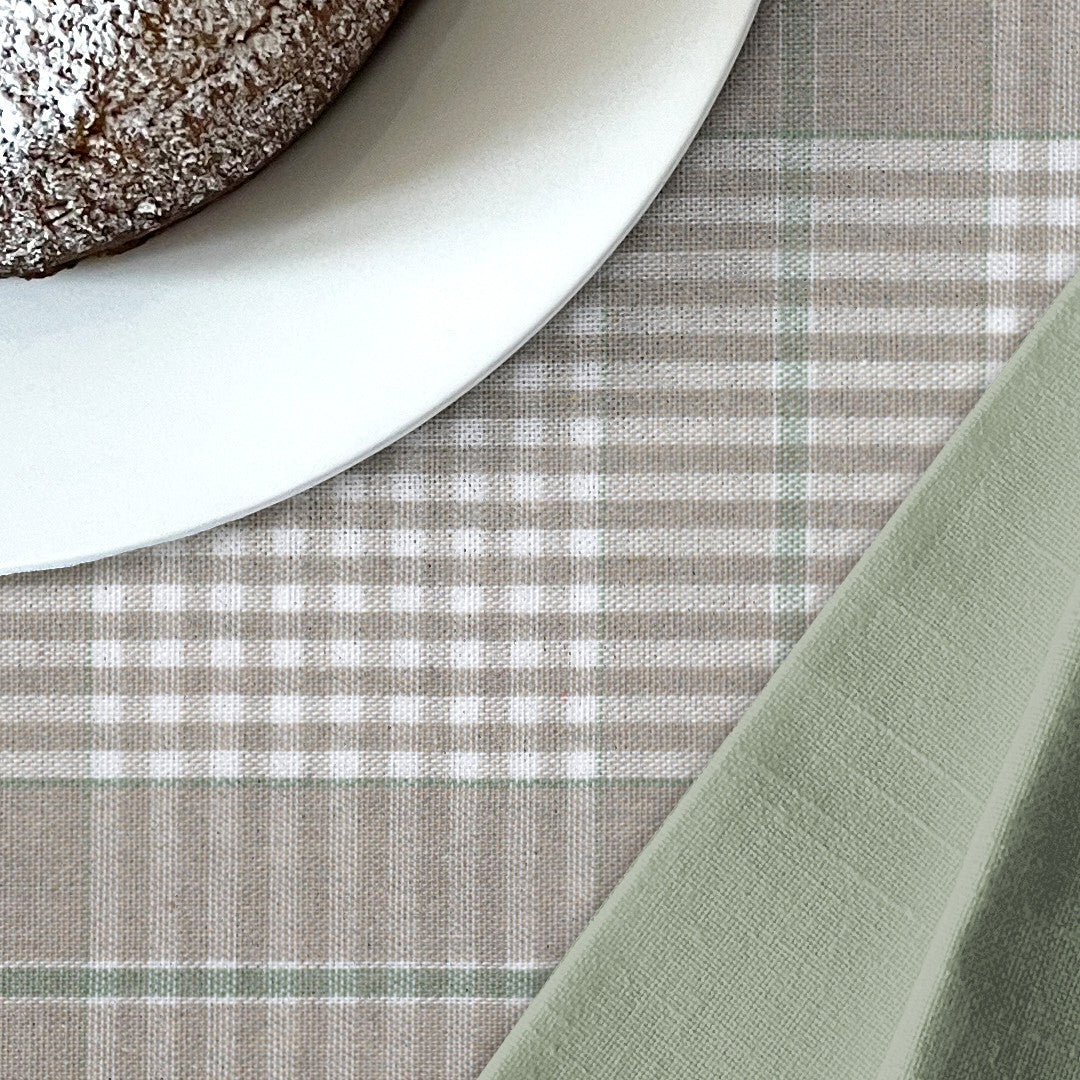 Grønn Nordisk Olmer Rute – Akrylduk i rustikk hørlook, nærbilde