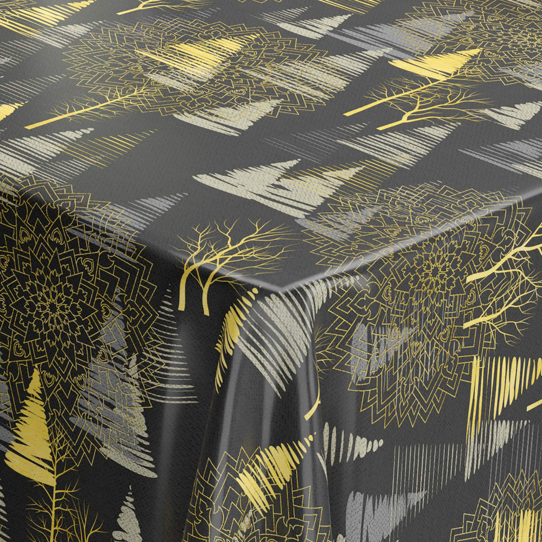 Hjørnebilde av julevoksduk med gyldne juletrær og trær