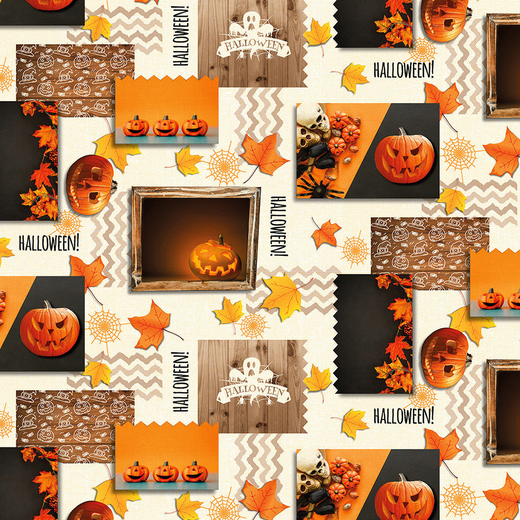 Halloween, voksduk med spøkelser, spindelvev, gresskarhoder