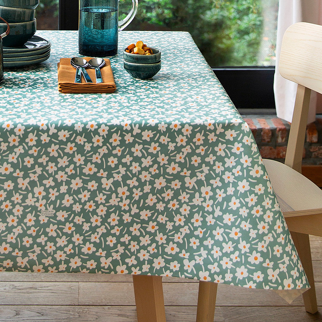 Happy Days Mintwood - 160 cm bred grå voksduk med blomster, hjørne