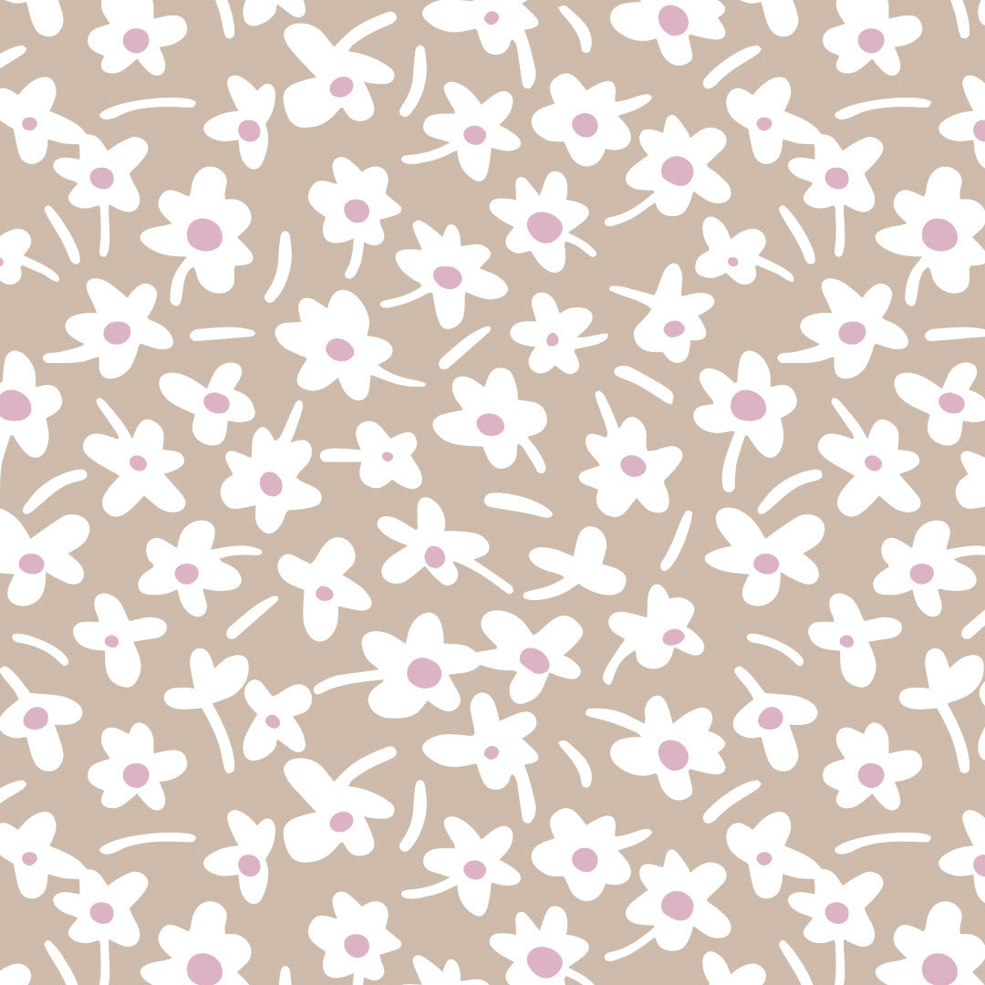 Happy Days Mocha - 160 cm bred grå voksduk med blomster, mønster