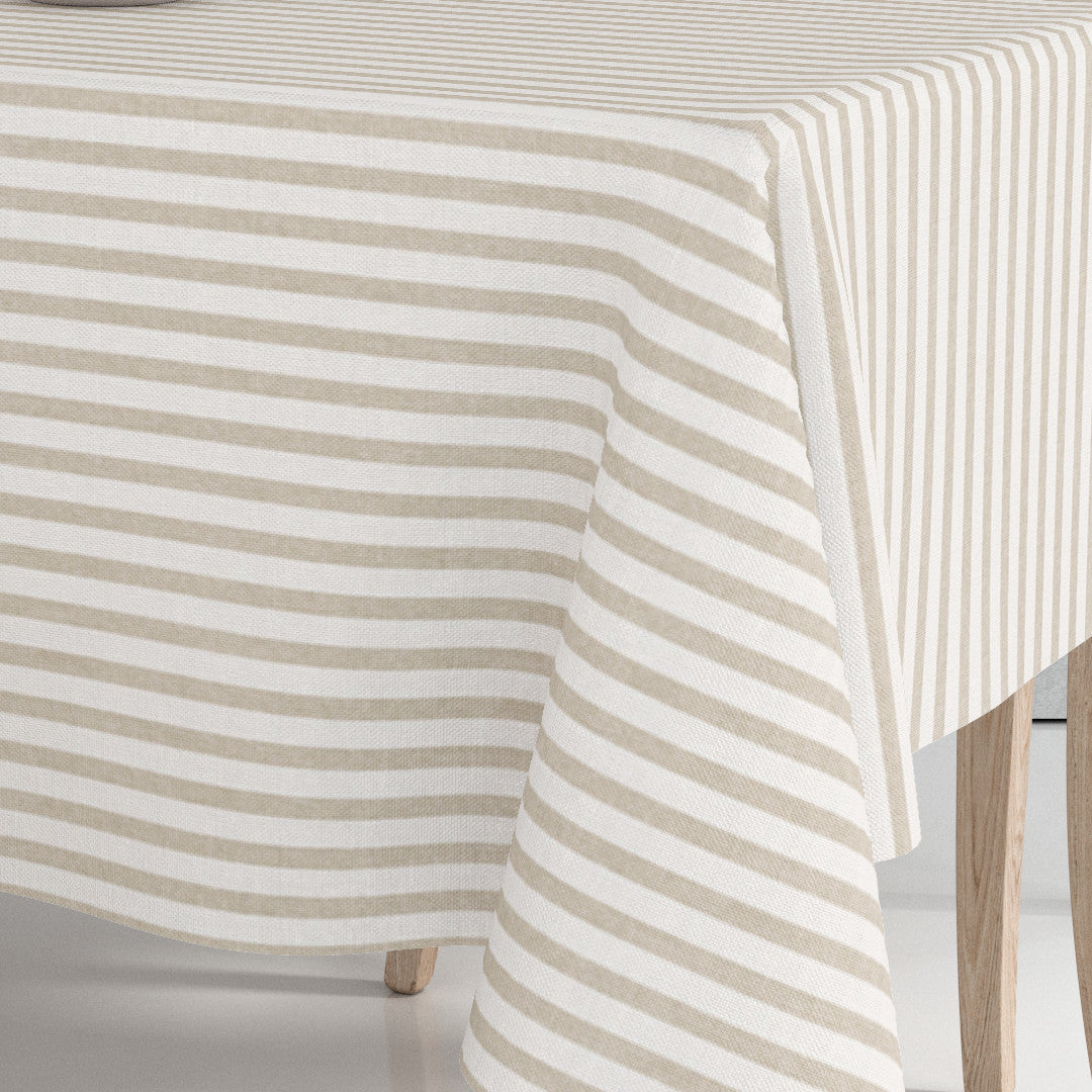 Hjørnebilde av Aria Beige, voksduk med striper i hørlook