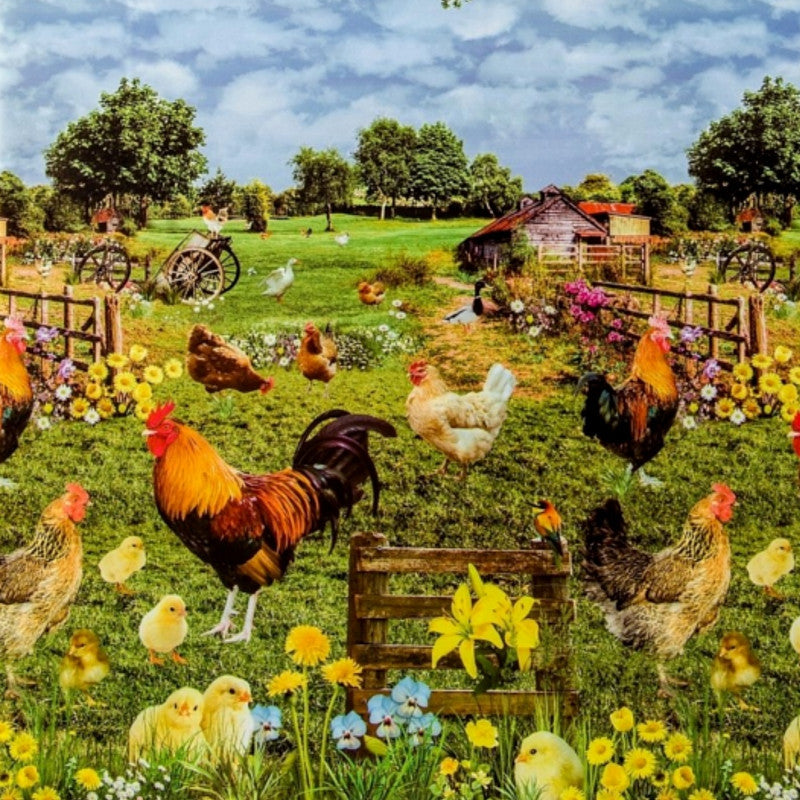 Hønsegården, voksduk med høner, kyllinger og hane