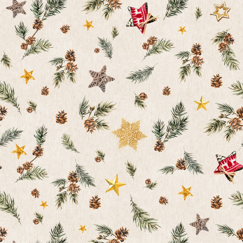 Hogui – Juleakrylduk med små grankvister, kongler og vakre stjerner