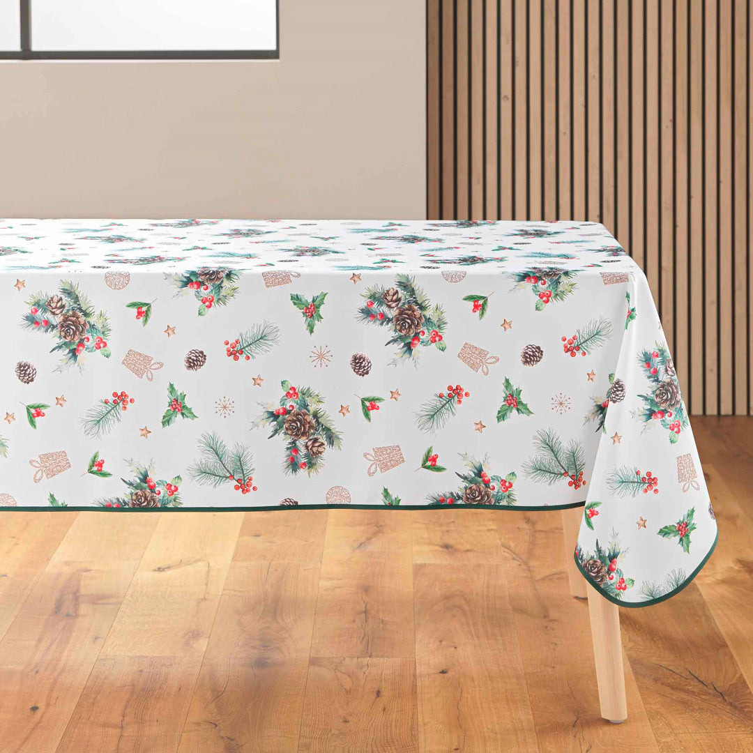 Hollystar 150 x 240 cm, rektangulær juleduk med flekkavvisende behandling, på bord