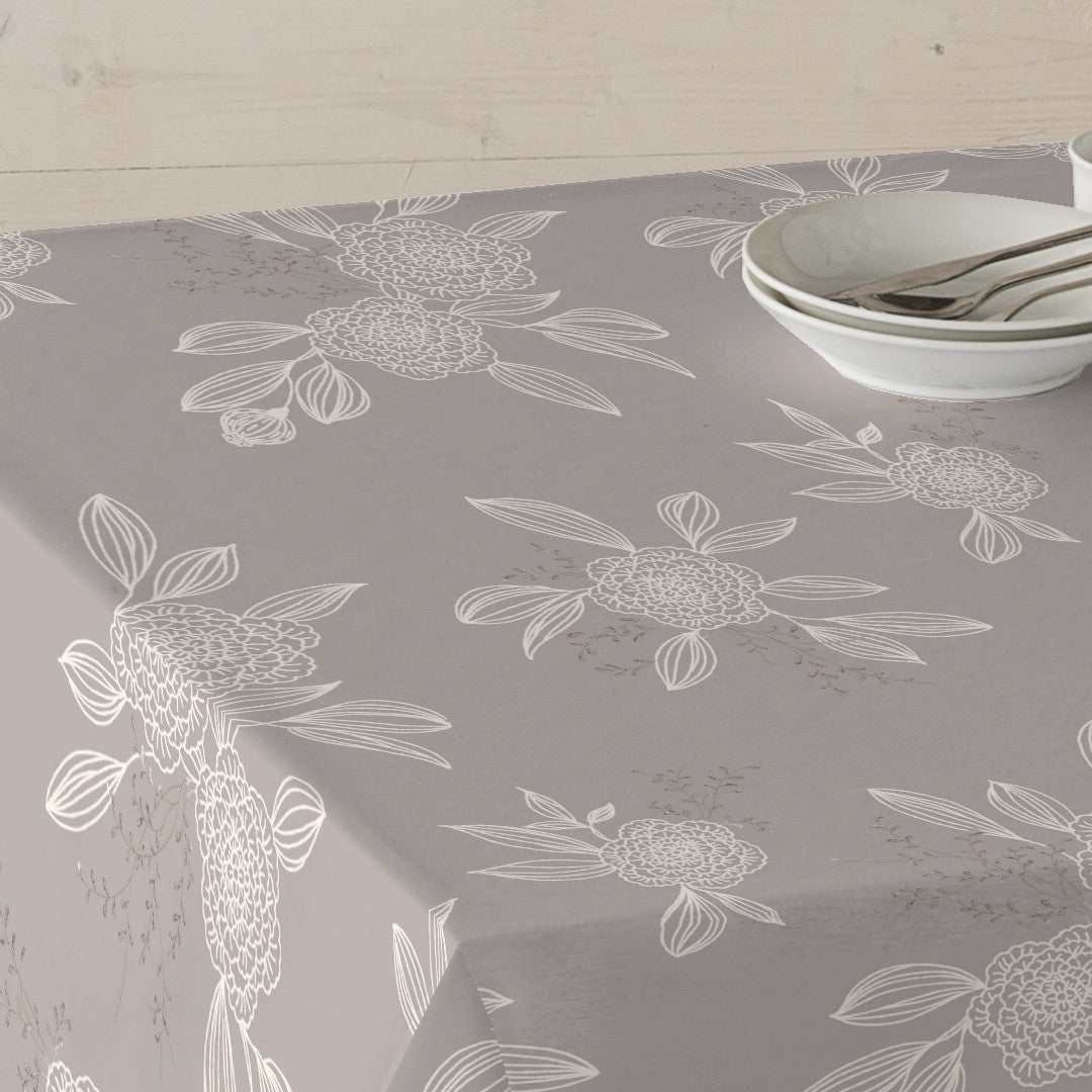 Japondi Mørk Beige – Akrylduk med hvite strekblomster