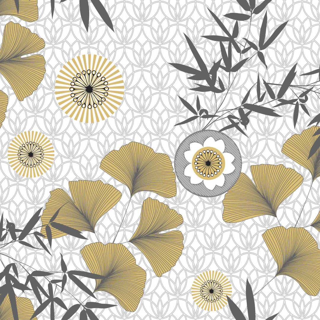 Japonica White - Voksduk med vakre ginkgo biloba-blader i gull