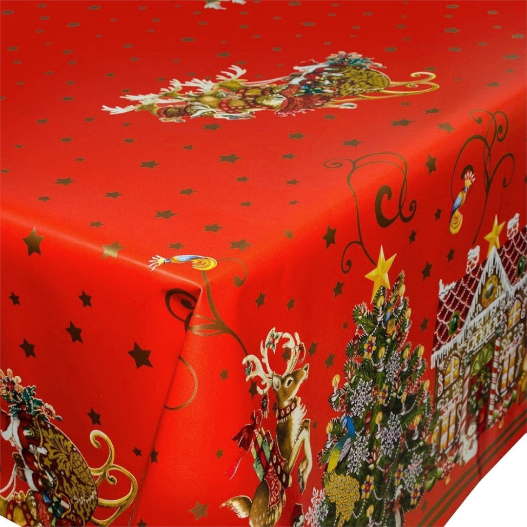 Nærbilde av hjørnet på Jul i Kakehuset voksduk med pepperkakehus og stjerne