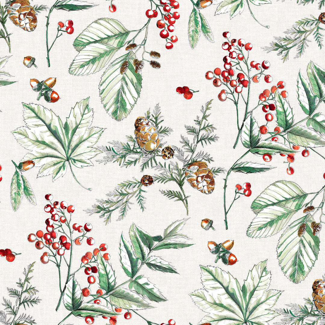 Voksduk med grønne blader, kongler og røde bær