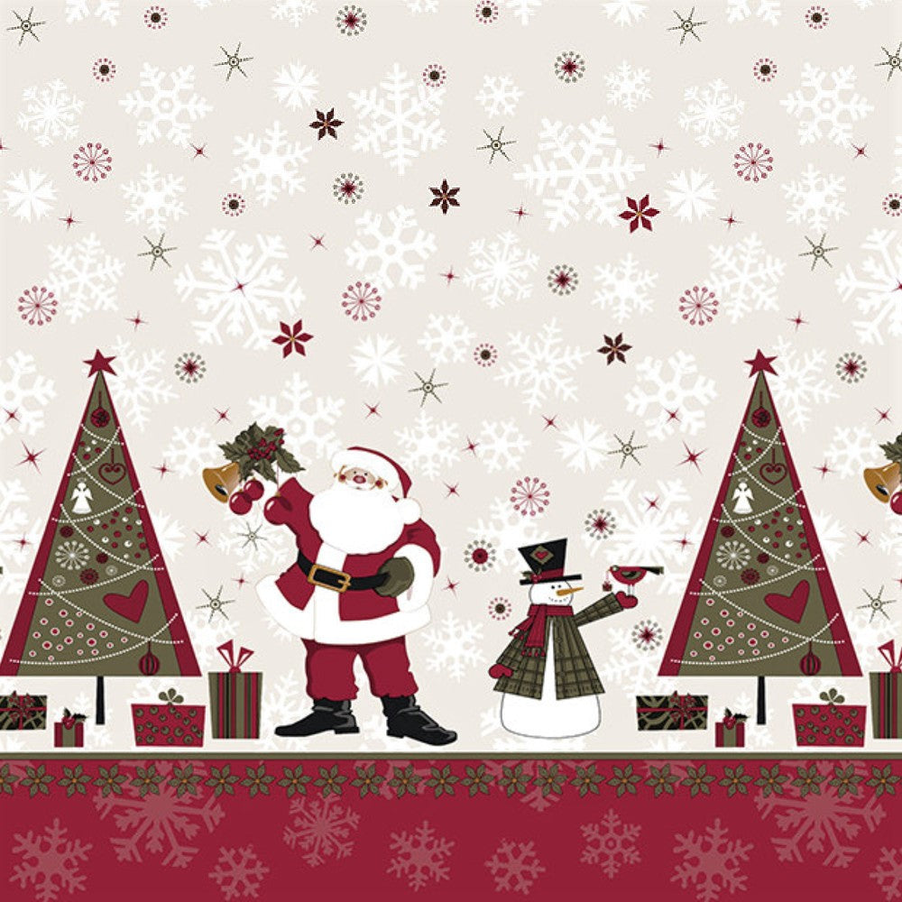 Julevoksduk med julenisser, snømenn og juletrær