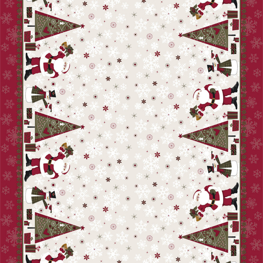 Julevoksduk med julenisser, snømenn og juletrær