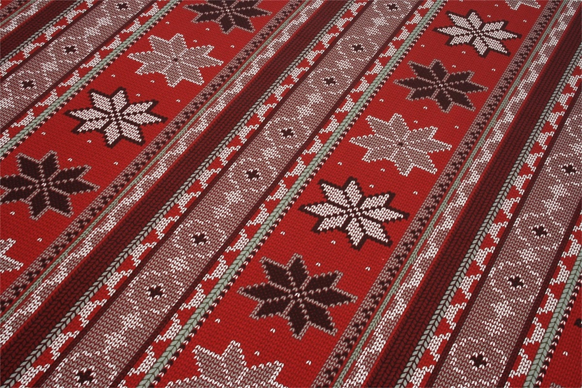 Juleduk Lausanne rød, akrylduk med julemotiv i strikk – 155 cm bred