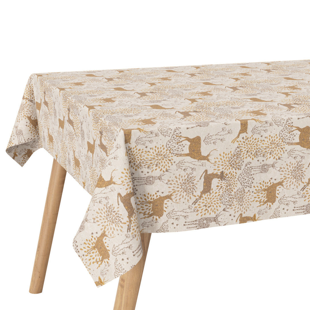 Hjørne av Juleduk Golden Reindeers med gullmønstret reinsdyr