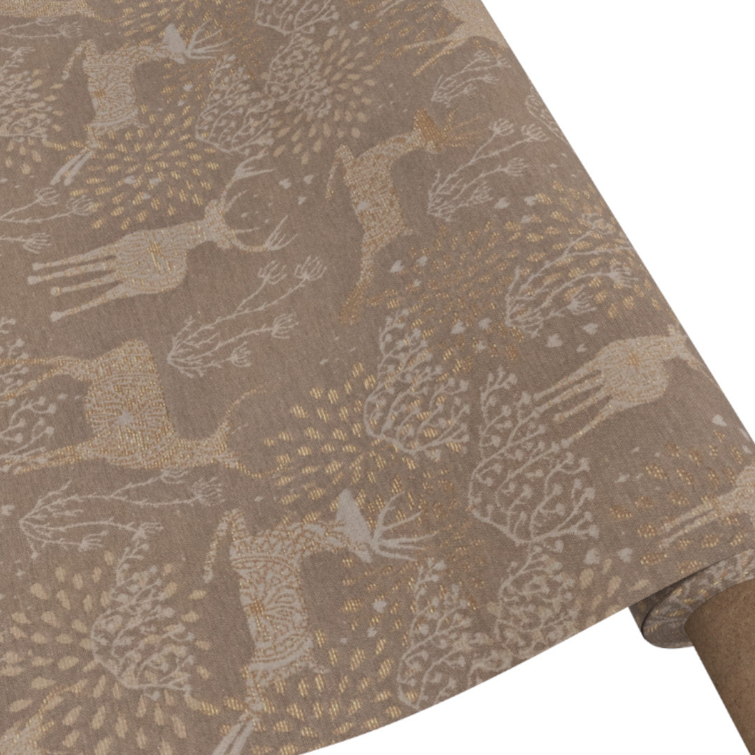 Juleduk Golden Reindeers Sand – Akrylduk i sand/gull med reinsdyr og antiskli