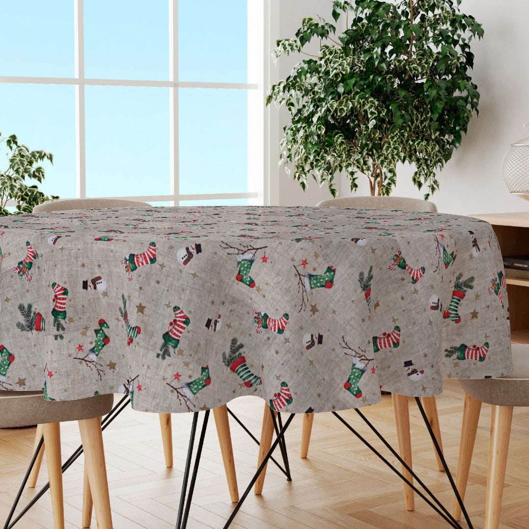 Julestrømper og snømenn - Rund juleduk i hørlook og akrylbelegg