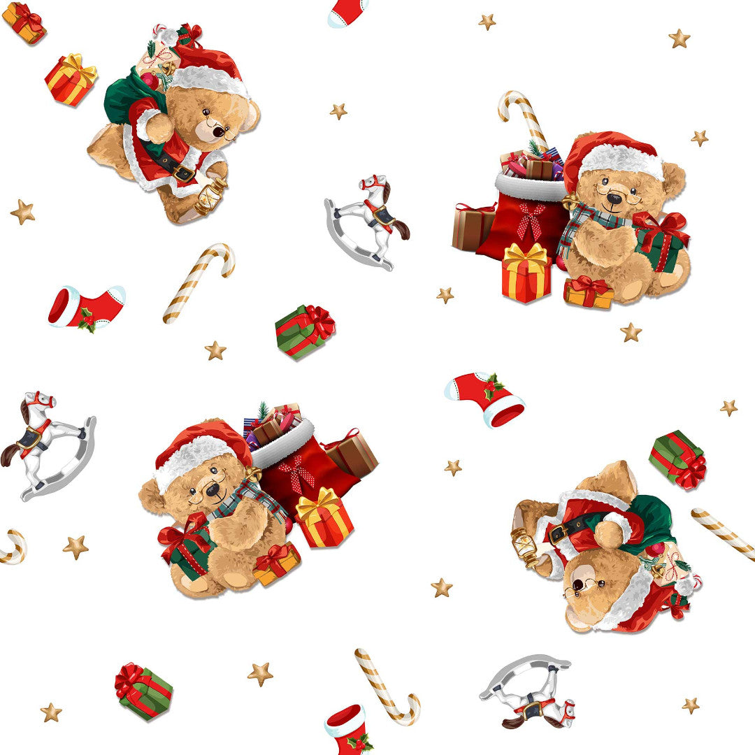 Nærbilde av julevoksduk med bamser og gaver