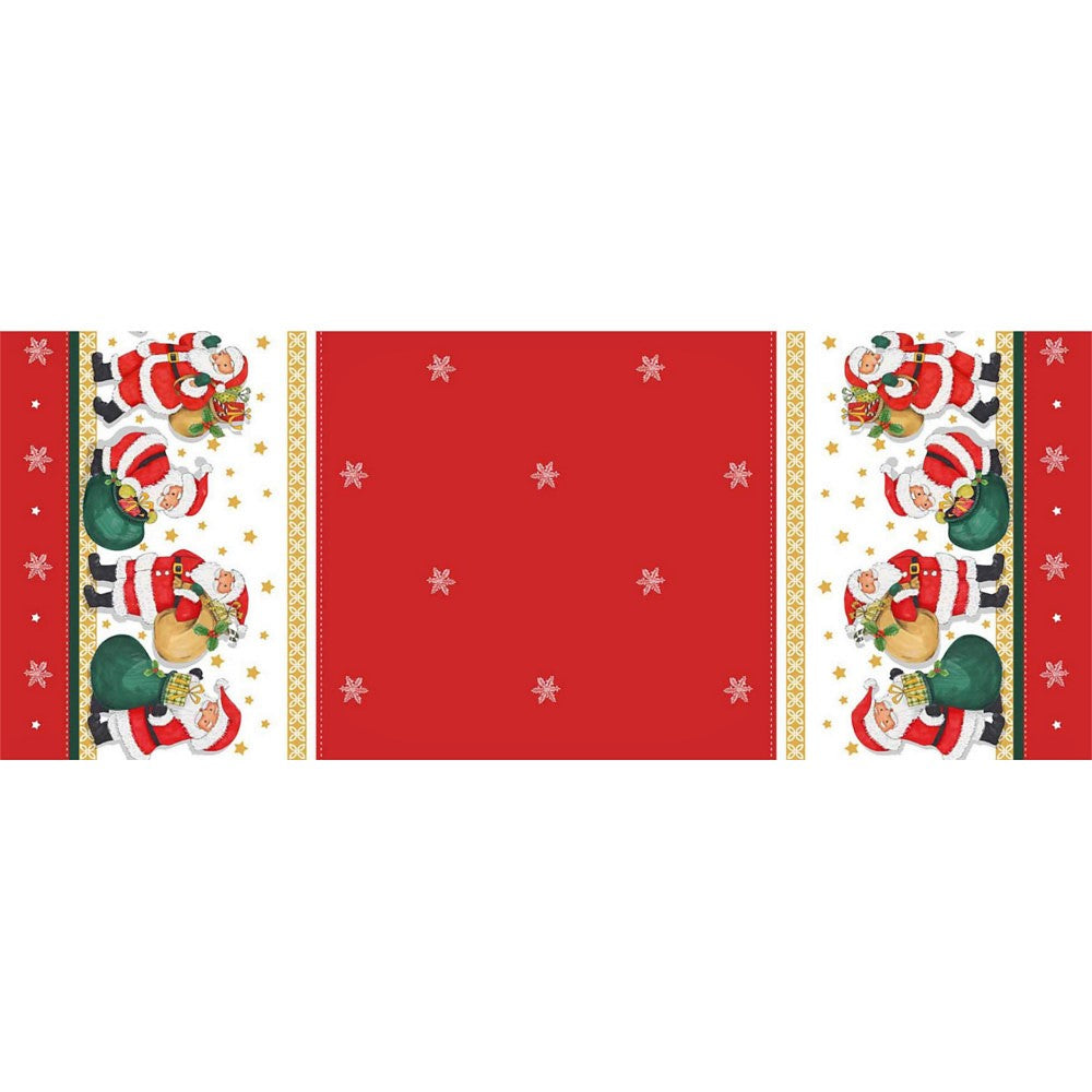 Julenissen med gavene - Rød julevoksduk med julenisser