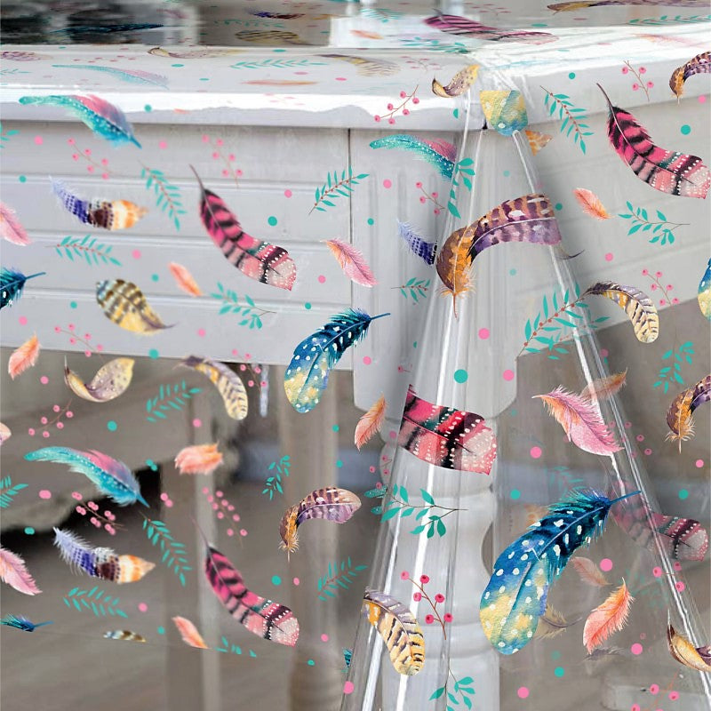 Fargerike Fjær, klar plastduk – Gjennomsiktig voksduk med trykk