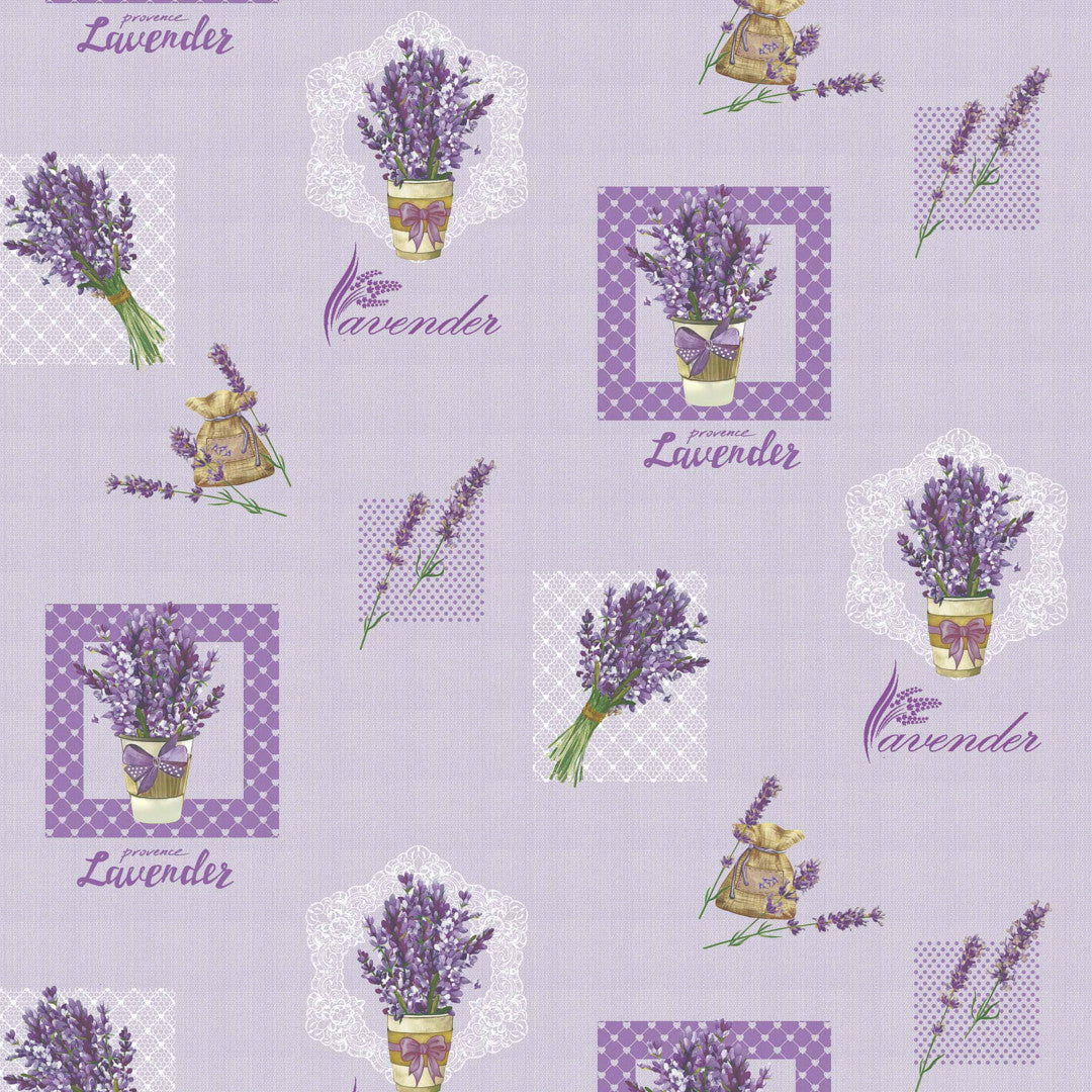 Blomstrende lavendel – lilla voksduk med lavendel i bukett og i potte
