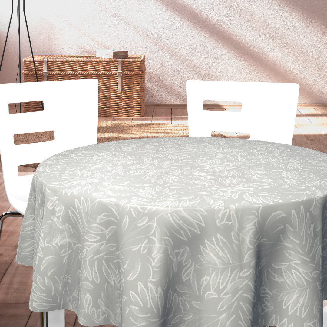 Live The Leaf Cotton Grey - Elegant 160 cm rund voksduk med hvite blader