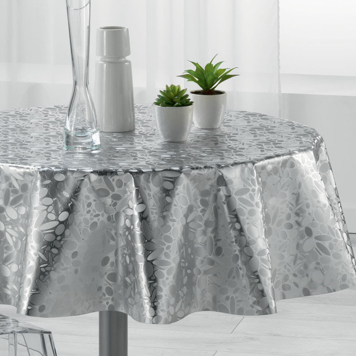 Metallise Luny grå - Rund voksduk, Ø 155 cm