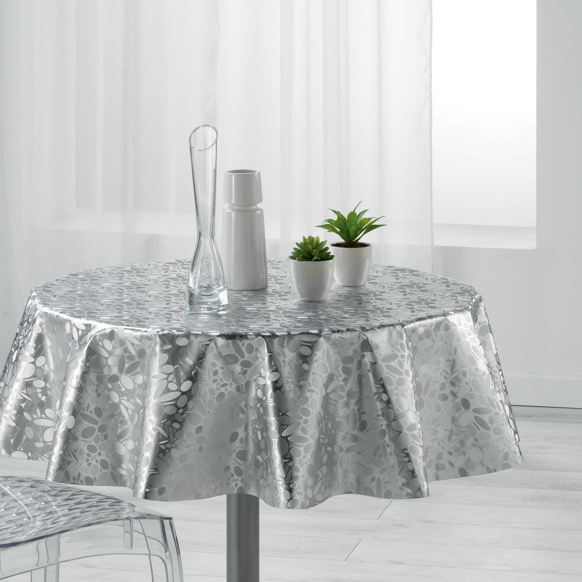 Metallise Luny grå - Rund voksduk, Ø 155 cm