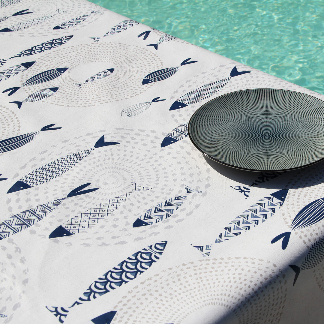 Marlin Wave – voksduk med fiskemotiv i blått, hjørne
