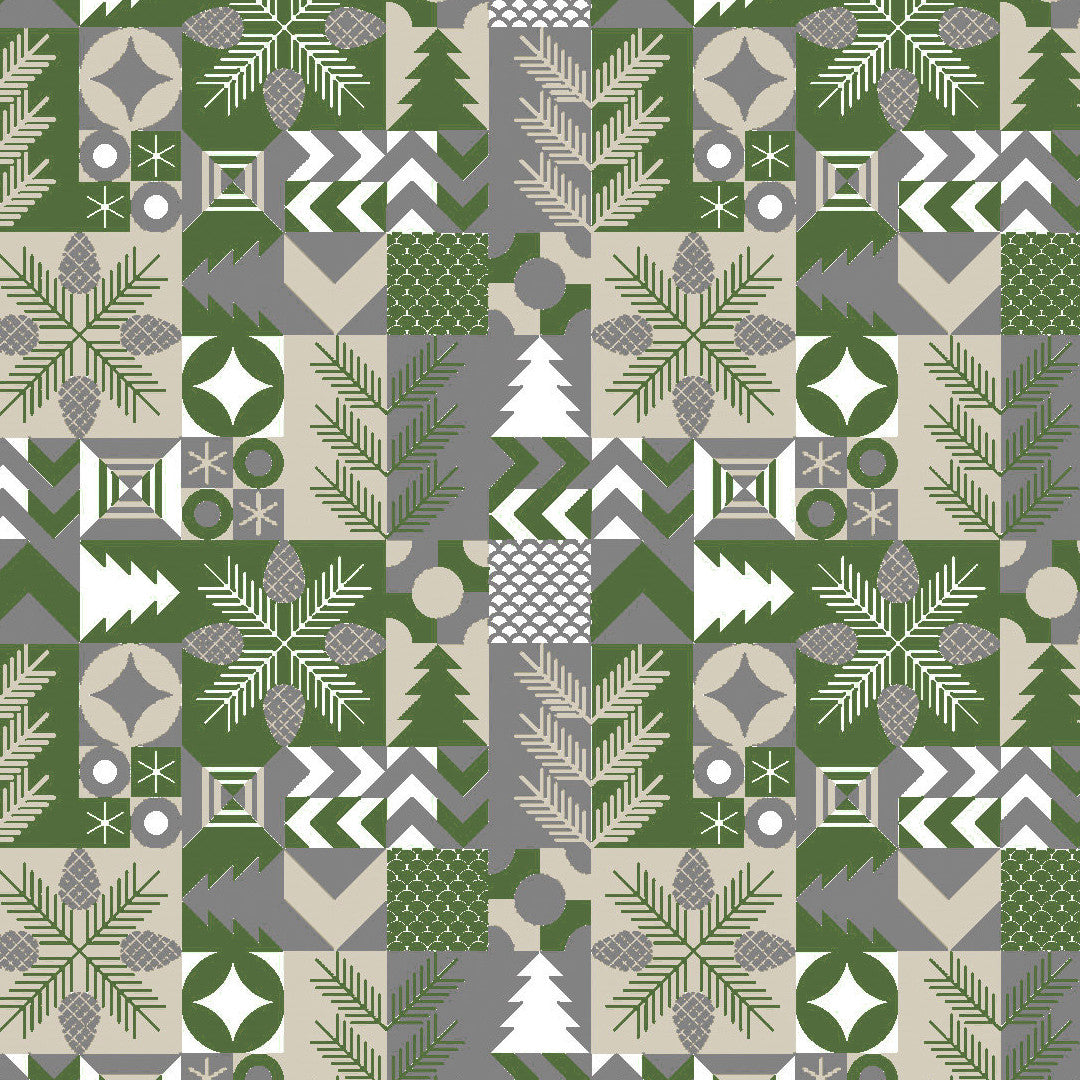 Hele mønsteret på Merry Present Green julevoksduk med granbar, kongler og geometriske former