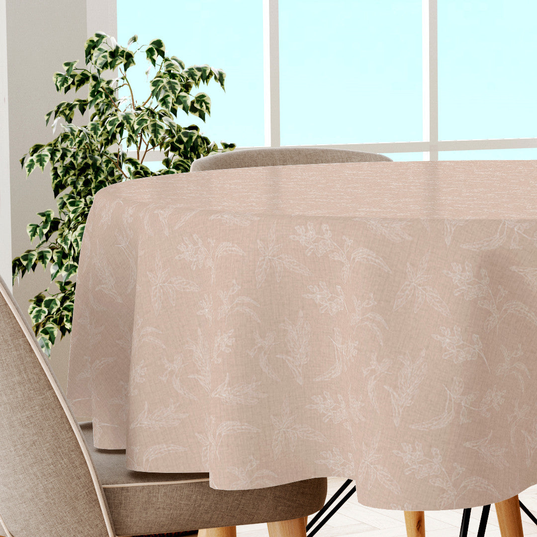 Mesina Beige - Rund voksduk i hørlook med hvite strekblader