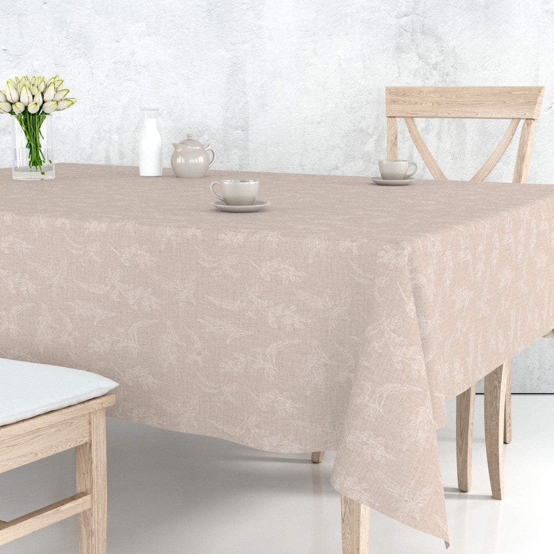 Mesina Beige - Voksduk i hørlook med strekblader på bord