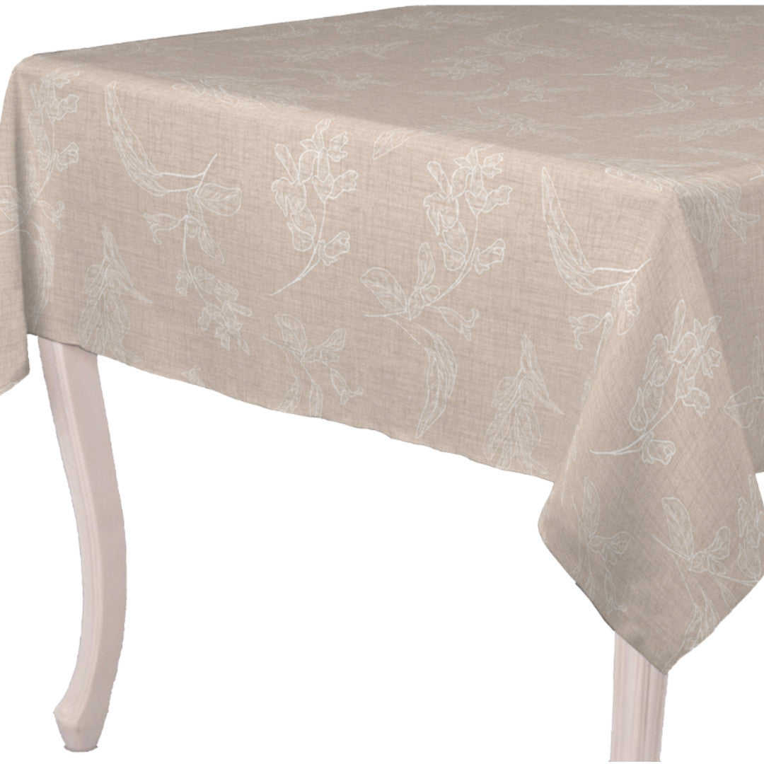 Mesina Beige - Voksduk i hørlook med hvite strekblader