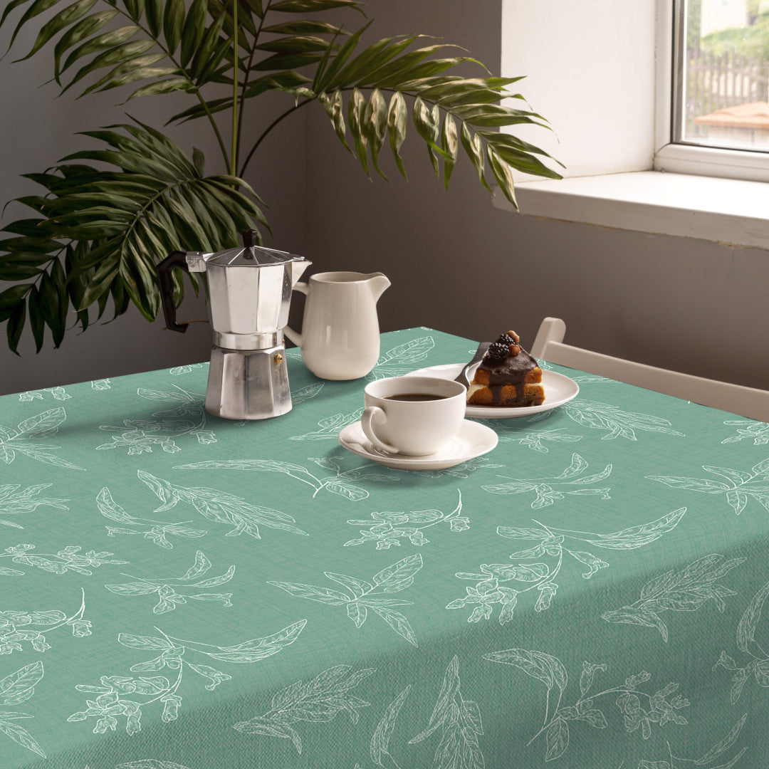 Miljøbilde med Mesina Green - Voksduk i hørlook med strekblader