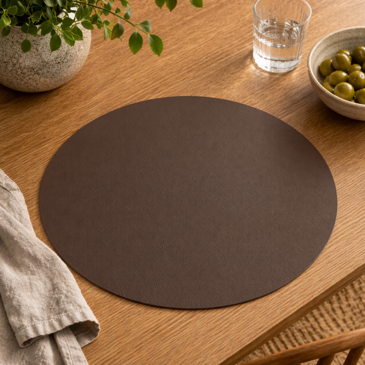 Moon rund spisebrikke i kunstlær – Mokka/Copper – Ø38 cm, mokka