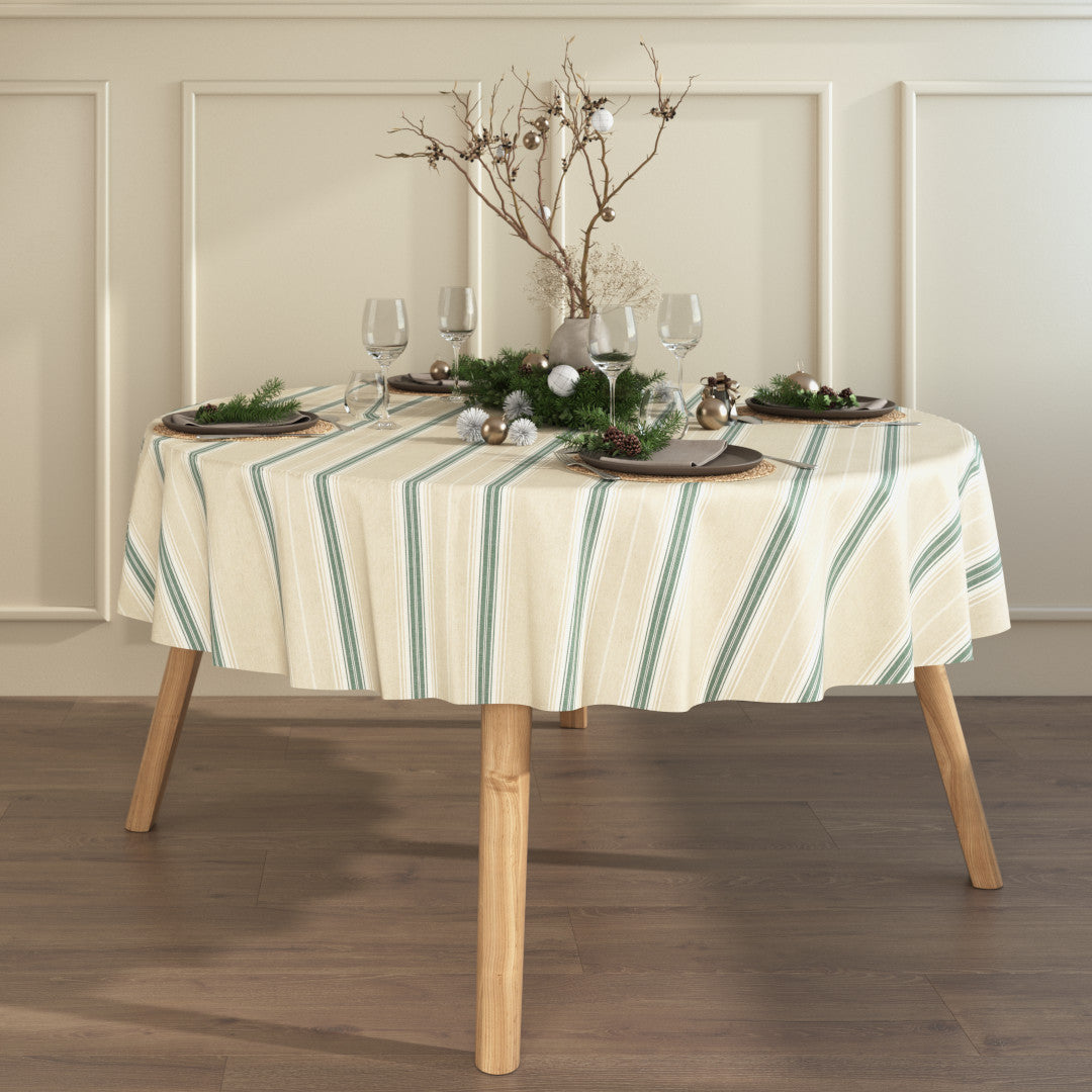 Nordisk Julestripe Grønn – Rund juleduk i hørlook med akrylbehandling