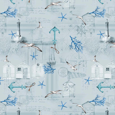 Under Himmelen – Over havet – lys grå/blå voksduk med maritime motiver