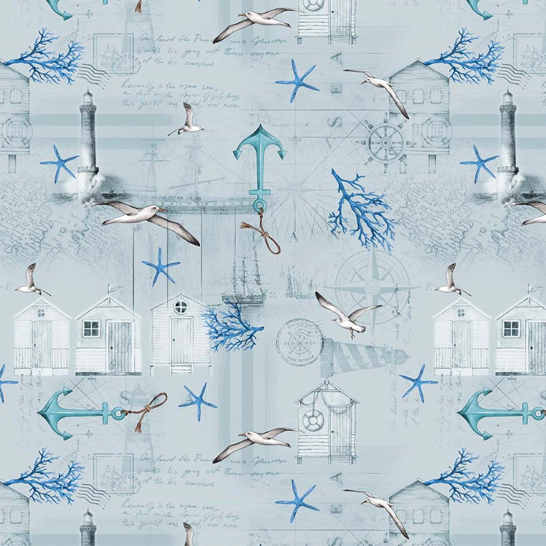 Under Himmelen – Over havet – lys grå/blå voksduk med maritime motiver