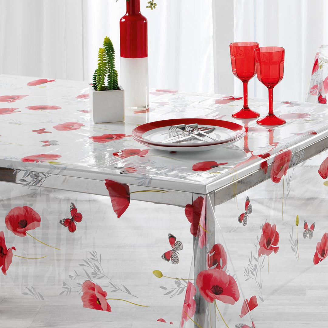 Pobbyly – Gjennomsiktig voksduk med valmuer og sommerfugler, hjørne