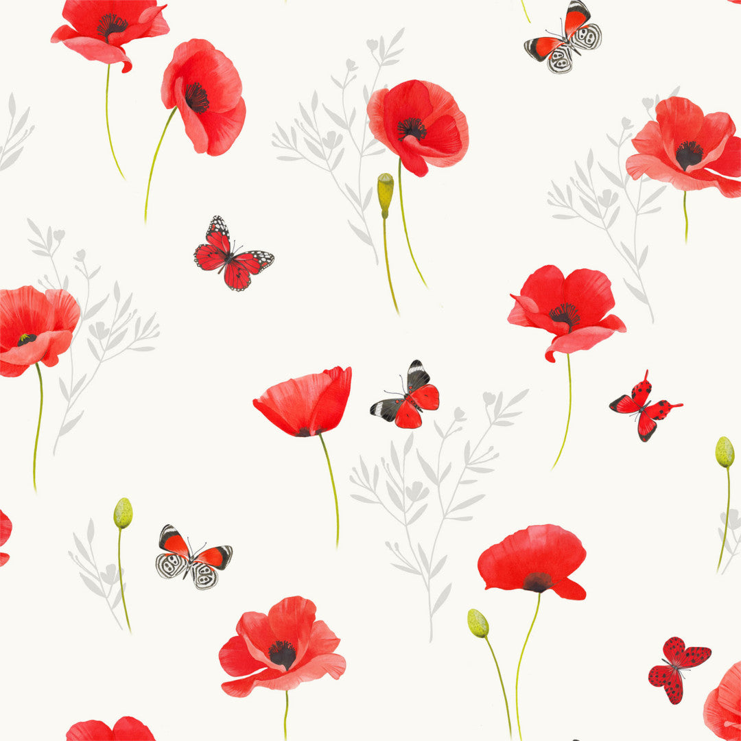 Poppyly Hvit – voksduk med valmuer og sommerfugler