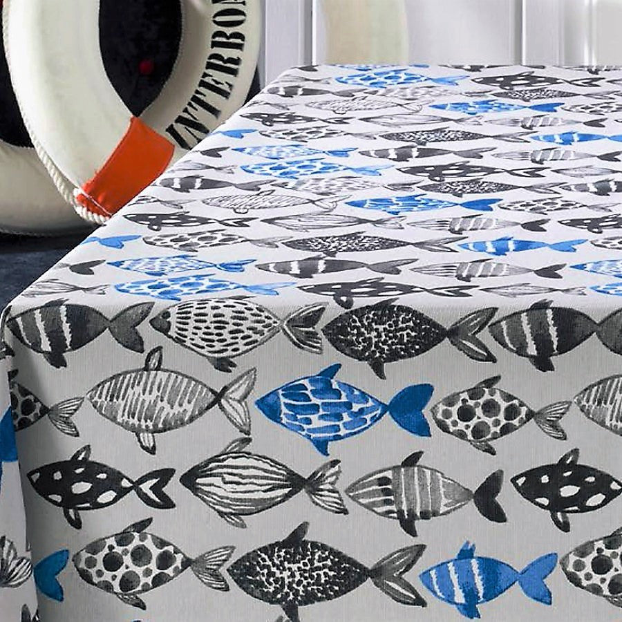 Poussin, akrylduk med fiskemotiv, 140 cm bred