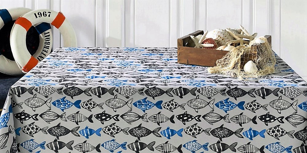 Poussin, akrylduk med fiskemotiv, 140 cm bred