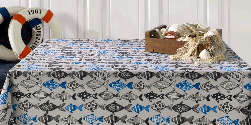 Poussin, akrylduk med fiskemotiv, 180 cm bred