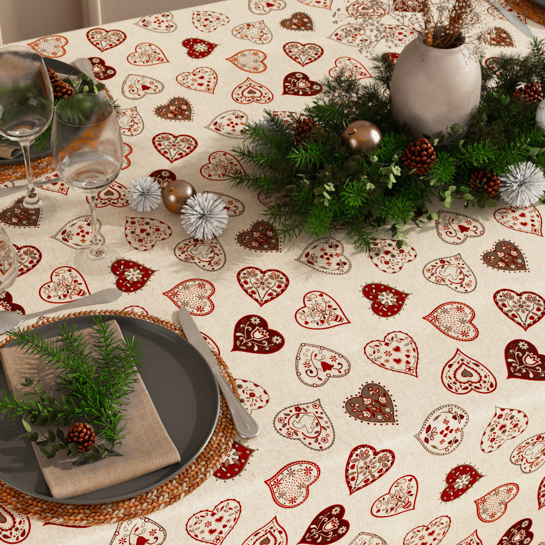 Romantiske Hjerter Natur – Akrylduk i hørlook, med borddekking