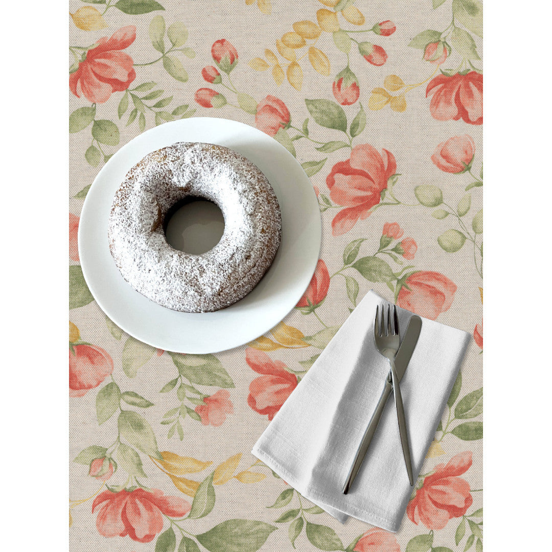 Roselia – Akrylduk i hørlook med romantiske blomster, detaljer